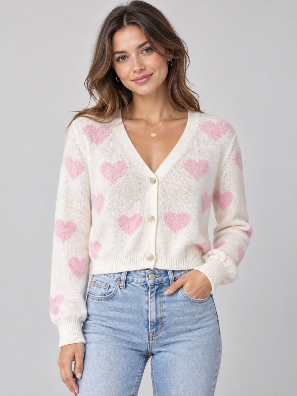 moon & madison Cream V-Neck Cardigan with Pink Hearts